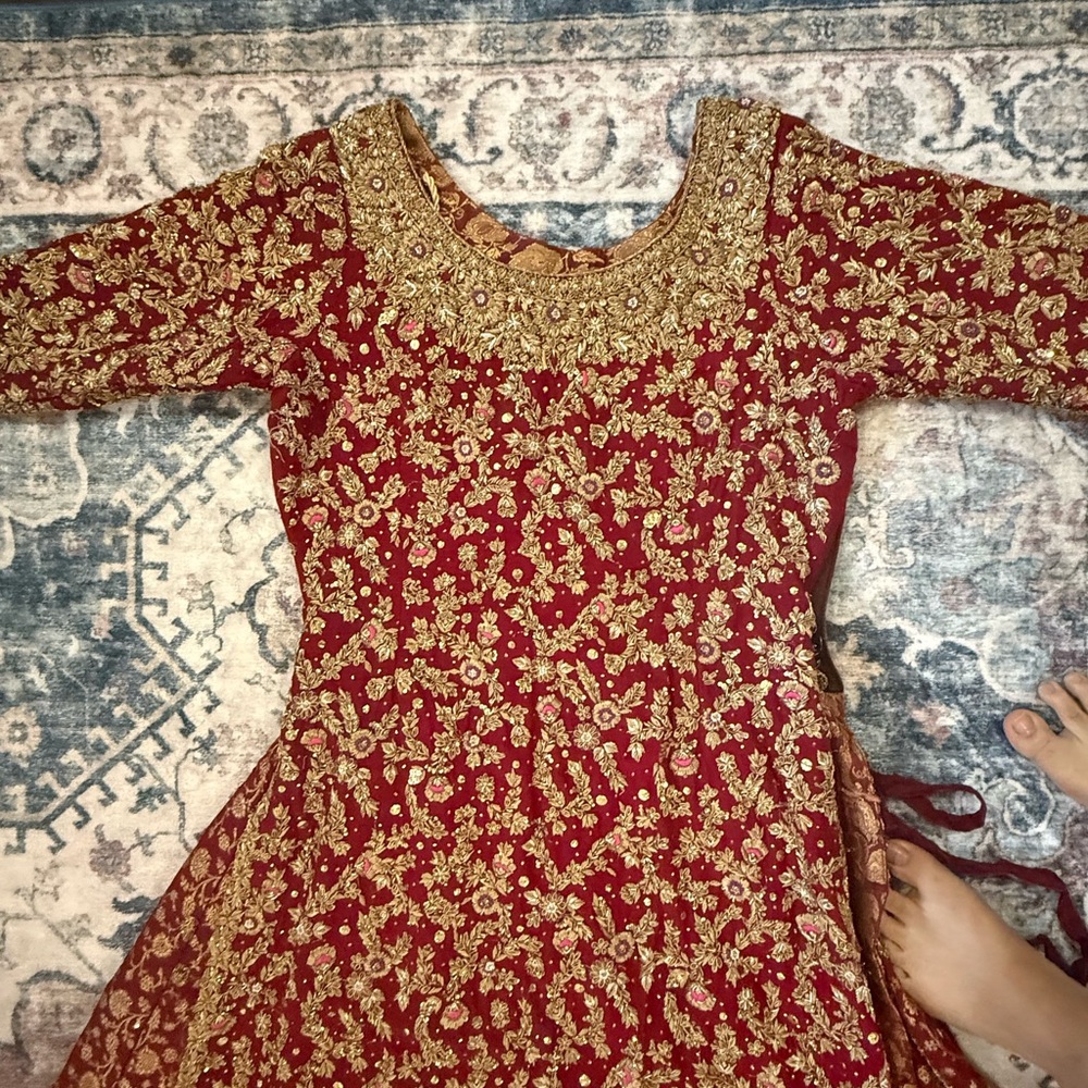 Zeeshan Danish Embroidered Deep Magenta Lengha with Gold Threadwork